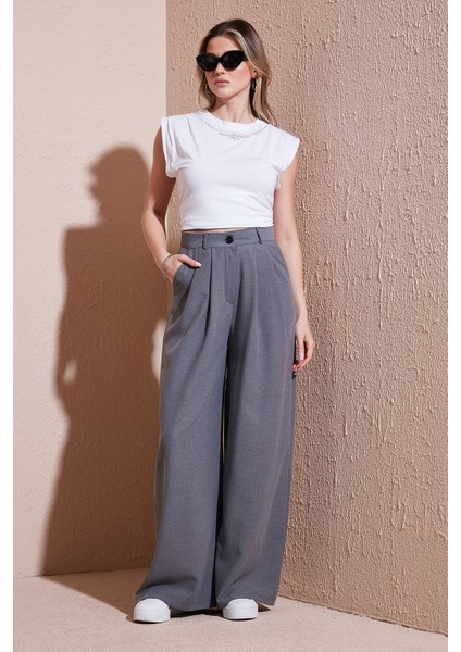 Wide Leg Yüksek Bel Geniş Paça Palazzo Pantolon Bayan Pantolon 5866290