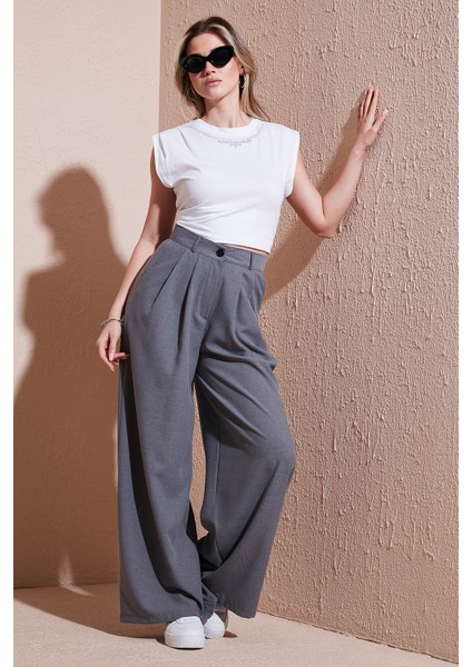Wide Leg Yüksek Bel Geniş Paça Palazzo Pantolon Bayan Pantolon 5866290 fiyatları