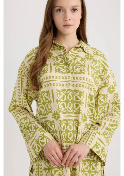 Yeni Sezon Relax Fit Desenliı Keten Karışımlı Uzun Kollu Tesettür Gömlek Tunik