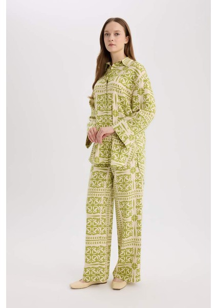 Yeni Sezon Relax Fit Desenliı Keten Karışımlı Uzun Kollu Tesettür Gömlek Tunik fiyatları