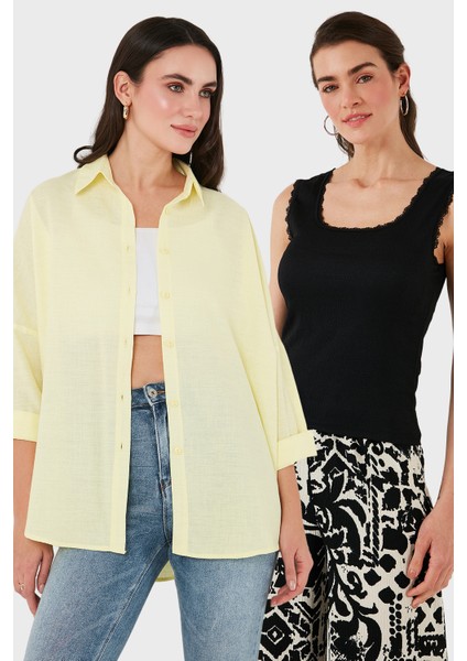 Streç Pamuklu Oversize Fit 2' Li Paket Gömlek-Atlet Set Bayan Gömlek-Atlet Set 67810014979S2