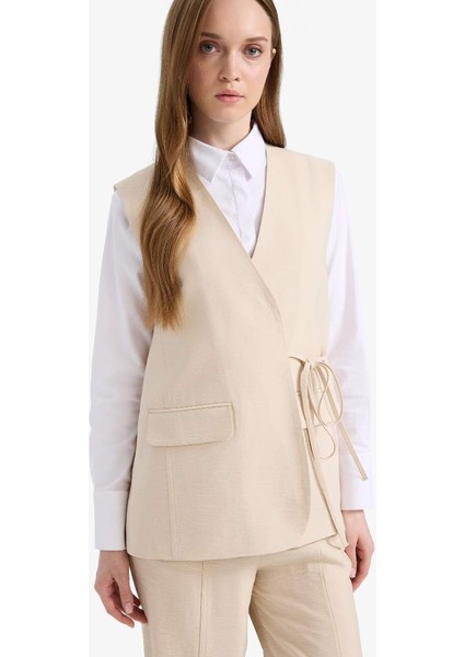 Yeni Sezon V Yaka Bağcıklı Basic Düz Blazer Yelek