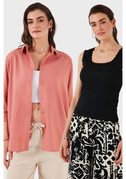 Streç Pamuklu Oversize Fit 2' Li Paket Gömlek-Atlet Set Bayan Gömlek-Atlet Set 67810014979S2