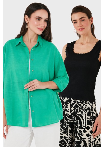 Streç Pamuklu Oversize Fit 2' Li Paket Gömlek-Atlet Set Bayan Gömlek-Atlet Set 67810014979S2