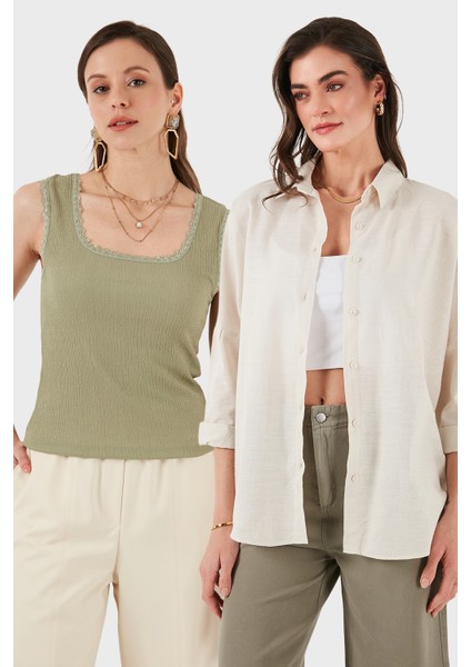 Streç Pamuklu Oversize Fit 2' Li Paket Gömlek-Atlet Set Bayan Gömlek-Atlet Set 67810014979S2