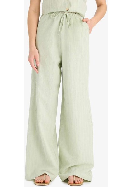 Yeni Sezon keten Karışımlı Pantolon Wide Leg Geniş Bol Paça Cepli Basic Düz Normal Bel Standart Boy