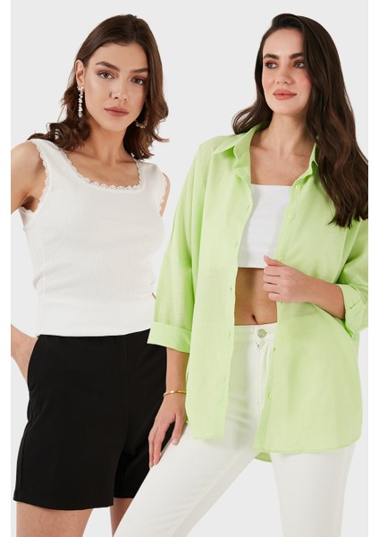 Streç Pamuklu Oversize Fit 2' Li Paket Gömlek-Atlet Set Bayan Gömlek-Atlet Set 67810014979S2