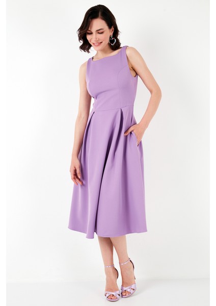 Bisiklet Yaka Regular Fit Cepli Pileli Midi Elbise Bayan Elbise 6051963