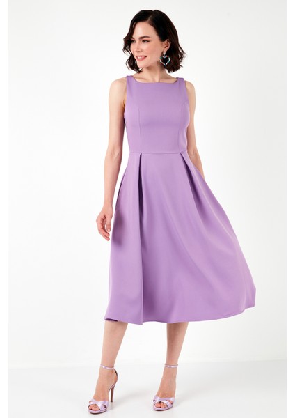 Bisiklet Yaka Regular Fit Cepli Pileli Midi Elbise Bayan Elbise 6051963