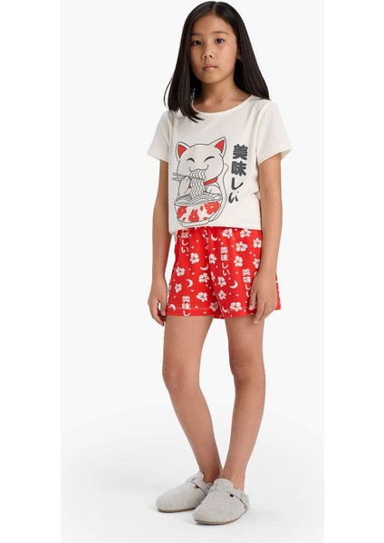 Yeni Sezon Kız Çocuk Pijama Takımı Baskılı Kısa Kollu Üst Desenli Şort