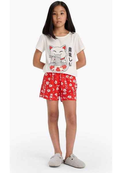 Yeni Sezon Kız Çocuk Pijama Takımı Baskılı Kısa Kollu Üst Desenli Şort