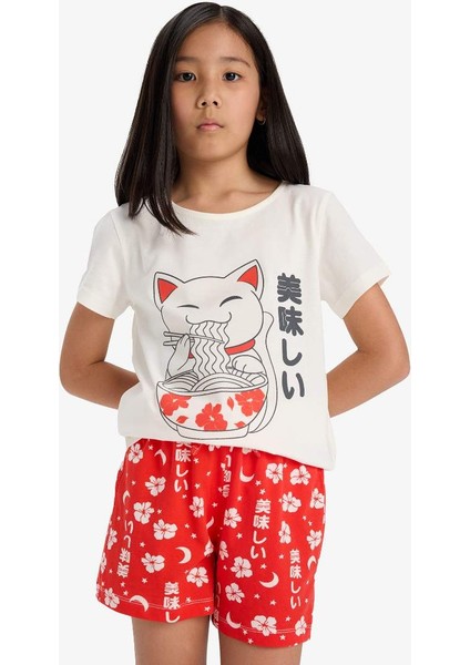Yeni Sezon Kız Çocuk Pijama Takımı Baskılı Kısa Kollu Üst Desenli Şort