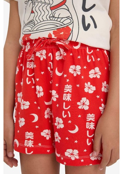 Yeni Sezon Kız Çocuk Pijama Takımı Baskılı Kısa Kollu Üst Desenli Şort