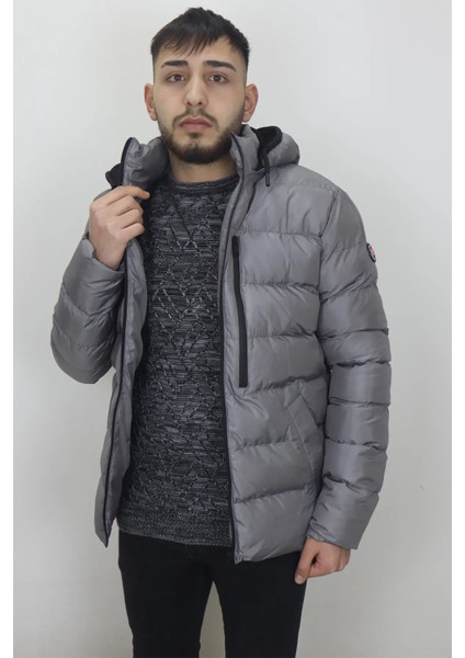 Fistan Store Erkek Hakim Yaka Spor Kesim Normal Kalıp Kapüşonlu Kışlık Şişme Mont