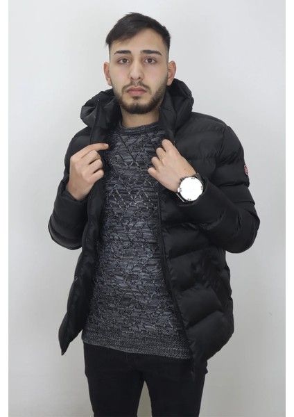Fistan Store Erkek Siyah Hakim Yaka Spor Kesim Dar Kalıp Kapüşonlu Kışlık Şişme Mont