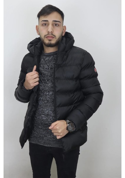 Fistan Store Erkek Siyah Hakim Yaka Spor Kesim Dar Kalıp Kapüşonlu Kışlık Şişme Mont