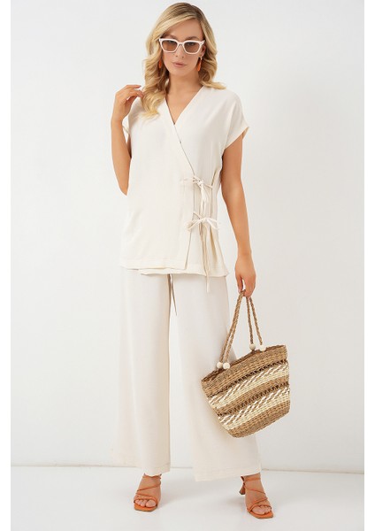 Kadın Kısa Kol Bağcıklı Ayrobin Ikili Takım 6741 - Krem