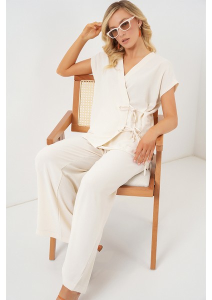 Kadın Kısa Kol Bağcıklı Ayrobin Ikili Takım 6741 - Krem fiyatları