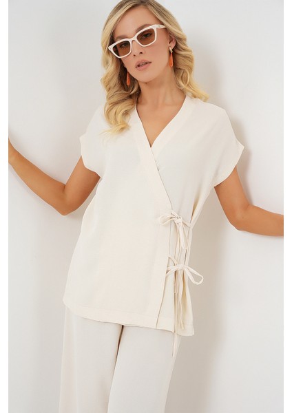 Kadın Kısa Kol Bağcıklı Ayrobin Ikili Takım 6741 - Krem modelleri