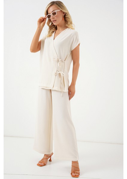 Kadın Kısa Kol Bağcıklı Ayrobin Ikili Takım 6741 - Krem fırsatları