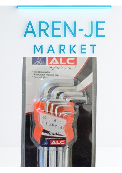 Aren-Je Alc Cr-V 9’lu Uzun Alyan Anahtar Seti – Bilyalı Uç, Krom Vanadyum Çelik