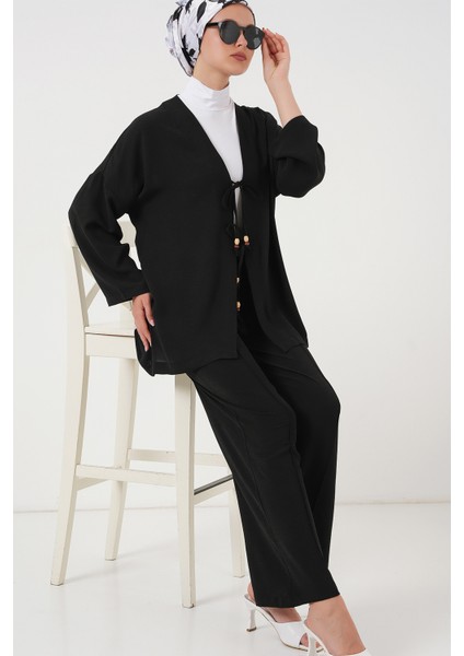 Kadın Ayrobin Kimono Pantolon Ikili Takım 6739 - Siyah