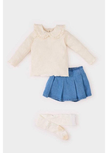 Yeni Sezon Kız Bebek 3'lü Takım Bebe Yaka Uzun Kollu Tişört Beli Lastikli Jean Şort Etek Külotlu Çorap
