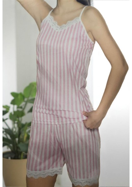 Kadın Pembe Çizgili, Askılı Şortlu Takım , Pamuklu Pijama Takımı