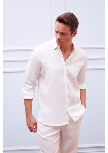 Yeni Sezon %100 Keten Regular Fit Polo Yaka Yazlık Basic Düz Uzun Kollu Beyaz Gömlek
