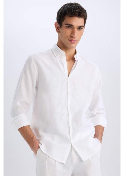 Yeni Sezon %100 Keten Regular Fit Polo Yaka Yazlık Basic Düz Uzun Kollu Beyaz Gömlek fırsatları