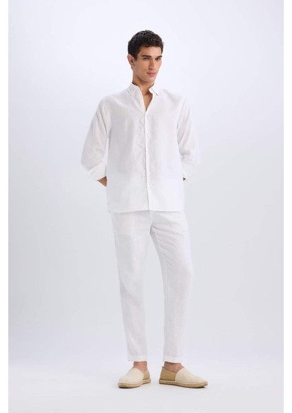 Yeni Sezon %100 Keten Regular Fit Polo Yaka Yazlık Basic Düz Uzun Kollu Beyaz Gömlek indirimleri