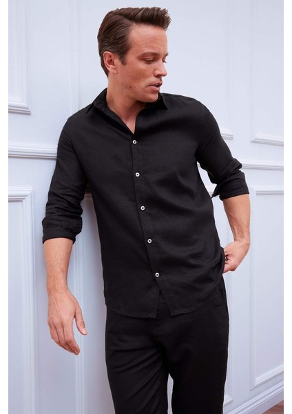 Yeni Sezon %100 Keten Regular Fit Polo Yaka Yazlık Uzun Kollu Siyah Gömlek