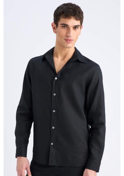 Yeni Sezon %100 Keten Regular Fit Polo Yaka Yazlık Uzun Kollu Siyah Gömlek modelleri