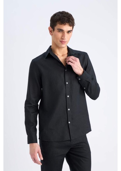 Yeni Sezon %100 Keten Regular Fit Polo Yaka Yazlık Uzun Kollu Siyah Gömlek indirimleri