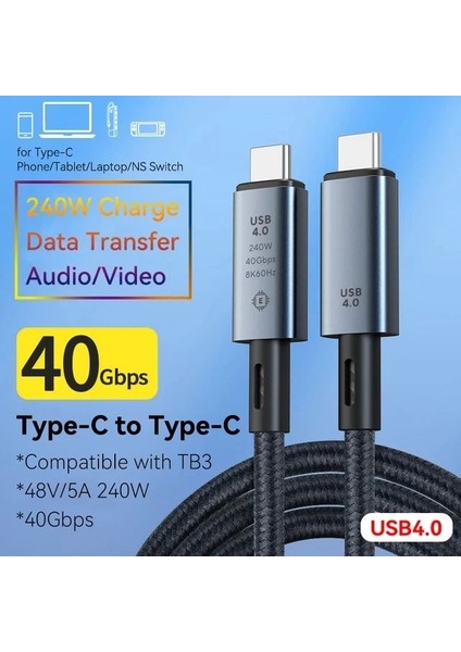 USB 4.0 Thunderbolt 3/4 Uyumlu Usb-C If Sertifikalı 240W 40GBPS 8k 60hz UHD Hızlı Şarj, Data ve Gör