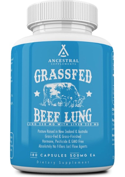 Grass Fed Beef Lung, 500 mg Lung And Liver, Respiratory, Vascular, And Circulatory Health, Non-Gmo 180 Capsules