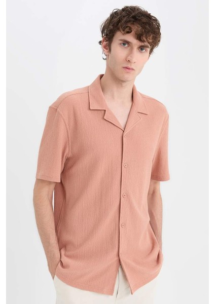 Yeni Sezon modern Fit Polo Yaka Dokulu Penye Kısa Kollu Gömlek
