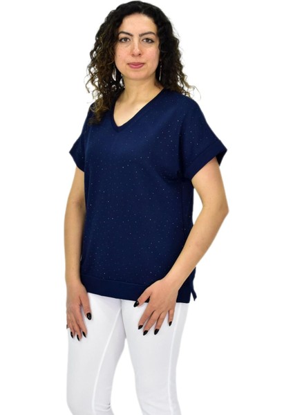Kadın Yarım Kol V Yaka Taşlı Likralı Tişöt BGL-ST04653 modelleri