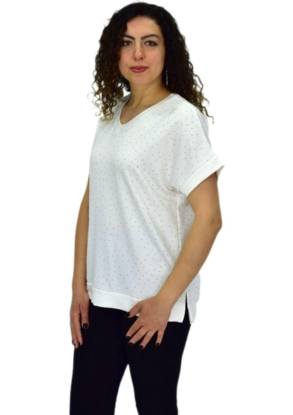 Kadın Yarım Kol V Yaka Taşlı Likralı Tişöt BGL-ST04653