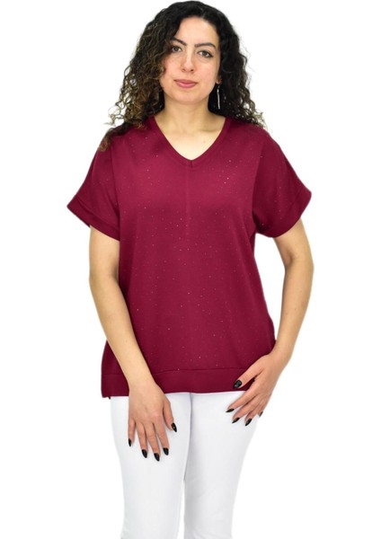 Kadın Yarım Kol V Yaka Taşlı Likralı Tişöt BGL-ST04653
