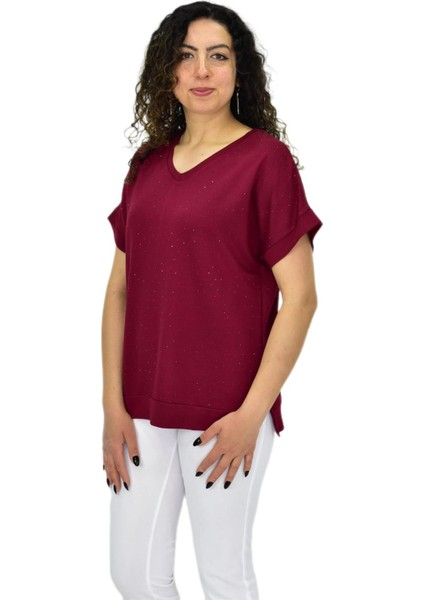 Kadın Yarım Kol V Yaka Taşlı Likralı Tişöt BGL-ST04653 fiyatları