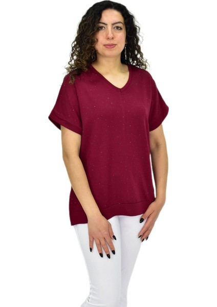 Kadın Yarım Kol V Yaka Taşlı Likralı Tişöt BGL-ST04653 modelleri