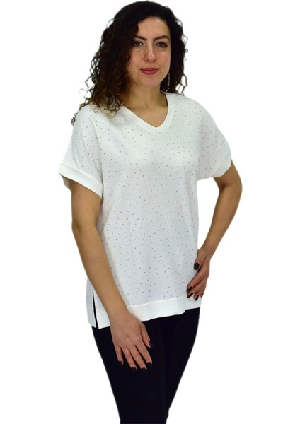 Kadın Yarım Kol V Yaka Taşlı Likralı Tişöt BGL-ST04653 modelleri