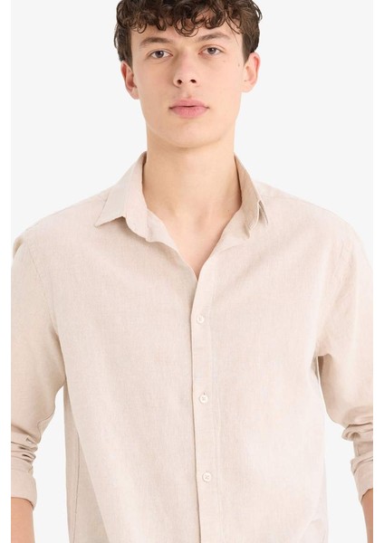Yeni Sezon Regular Fit Polo Yaka Keten Yazlık Uzun Kollu Gömlek