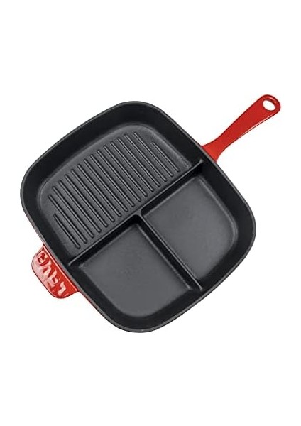 Döküm Bölmeli Grill Izgara Tava, Dikdörtgen, 26X30 Cm, Yekpare Saplı, Kırmızı