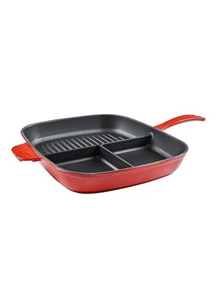 Döküm Bölmeli Grill Izgara Tava, Dikdörtgen, 26X30 Cm, Yekpare Saplı, Kırmızı