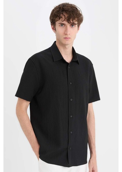 Yeni Sezon Regular Fit Polo Yaka Krinkıl Yazlık Kısa Kollu Siyah Gömlek