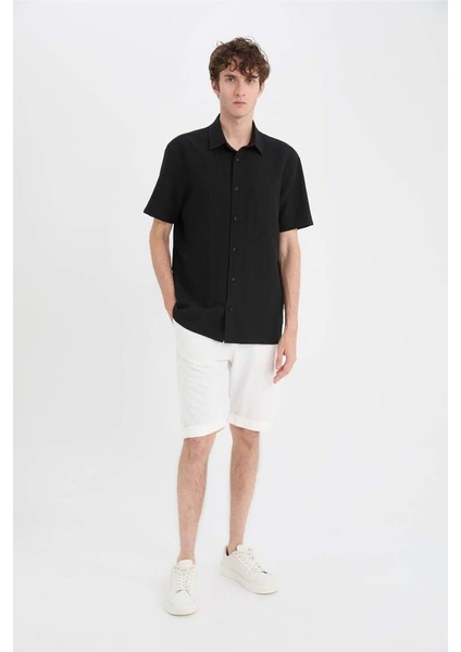Yeni Sezon Regular Fit Polo Yaka Krinkıl Yazlık Kısa Kollu Siyah Gömlek fiyatları