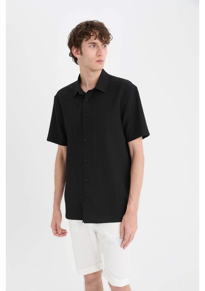 Yeni Sezon Regular Fit Polo Yaka Krinkıl Yazlık Kısa Kollu Siyah Gömlek modelleri