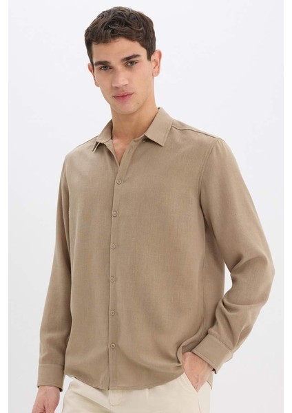 Yeni Sezon Regular Fit Polo Yaka Keten Görünümlü Uzun Kollu Gömlek